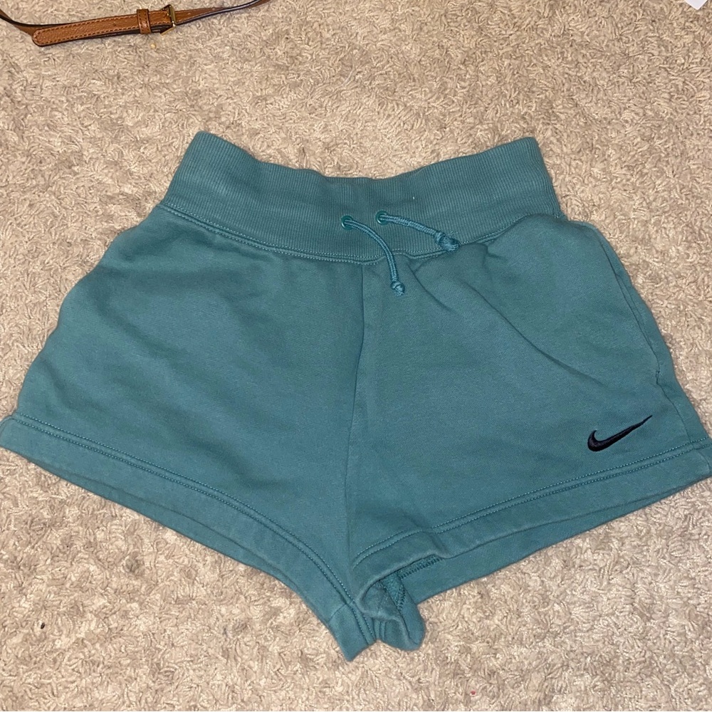 Nike Women's Teal Drawstring Athletic Shorts with Black Swoosh